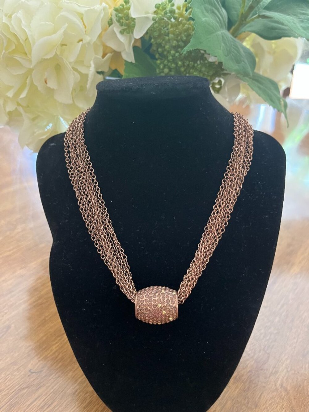 Chico's Multi Strand Chain Necklace Pavé Barrel Copper Tone